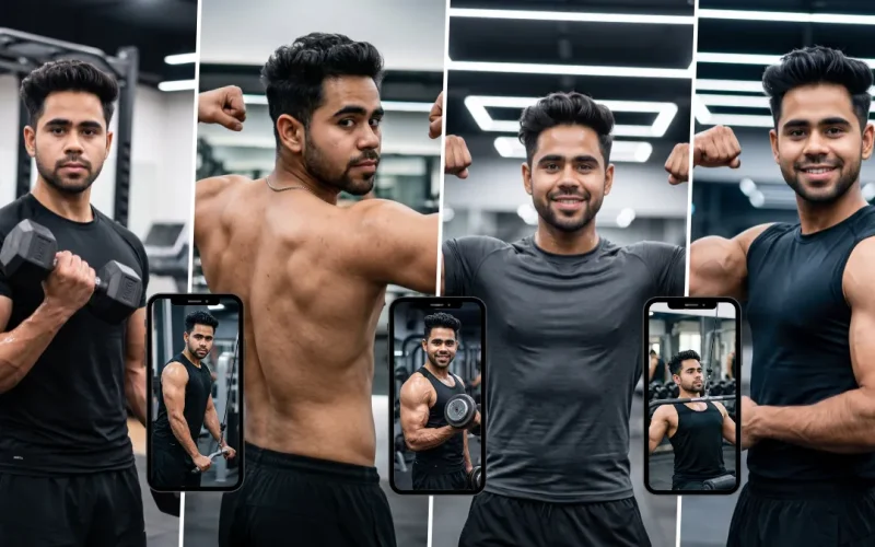 Muscular man working out and flexing in a modern gym in AI-generated fitness portraits