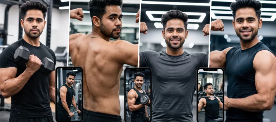 Muscular man working out and flexing in a modern gym in AI-generated fitness portraits