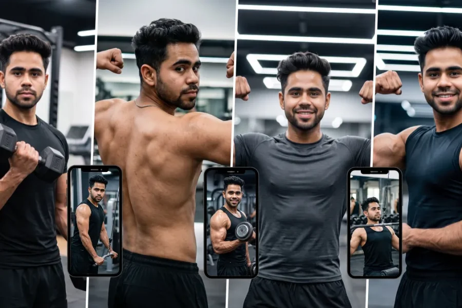 Muscular man working out and flexing in a modern gym in AI-generated fitness portraits