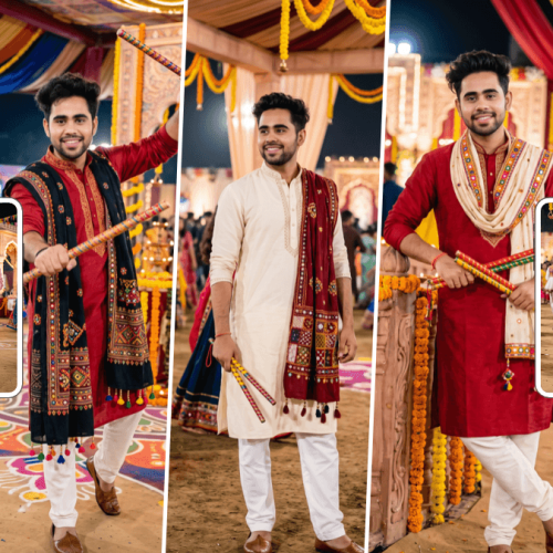 Young men wearing traditional kurtas and embroidered dupattas at a Navratri Dandiya celebration