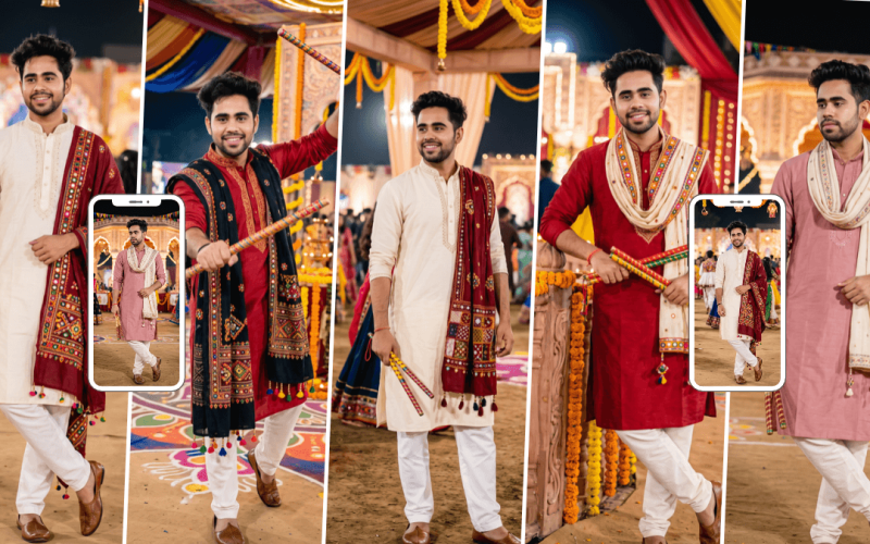 Young men wearing traditional kurtas and embroidered dupattas at a Navratri Dandiya celebration