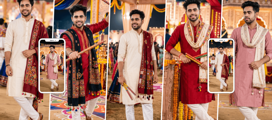 Young men wearing traditional kurtas and embroidered dupattas at a Navratri Dandiya celebration
