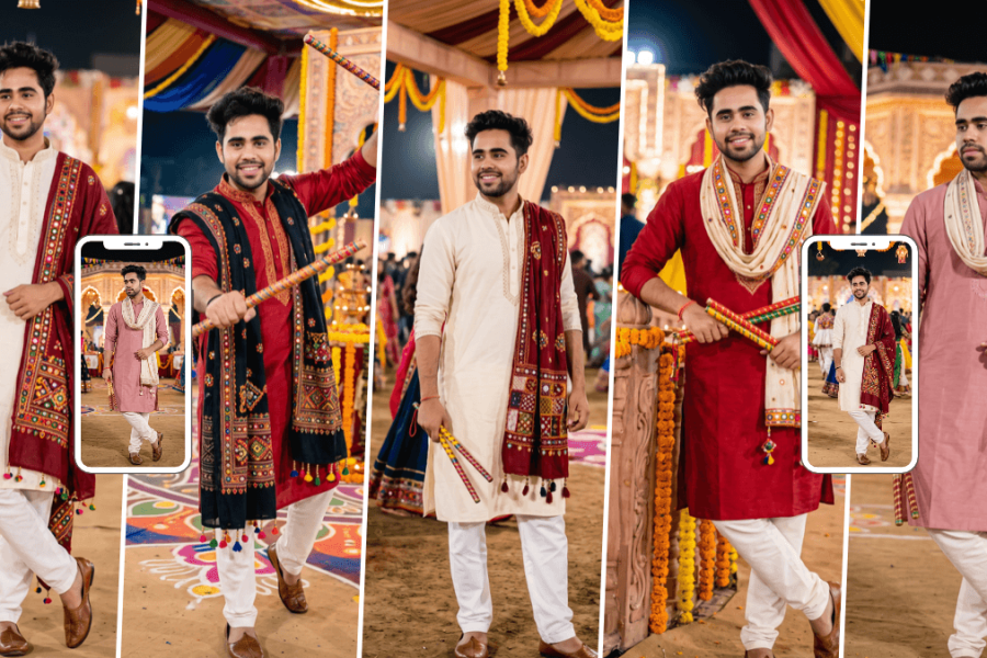 Young men wearing traditional kurtas and embroidered dupattas at a Navratri Dandiya celebration