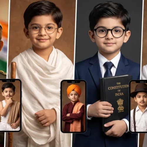 Indian boy in patriotic traditional and freedom fighter-inspired outfits with the Constitution of India