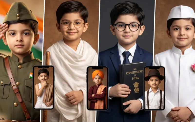 Indian boy in patriotic traditional and freedom fighter-inspired outfits with the Constitution of India