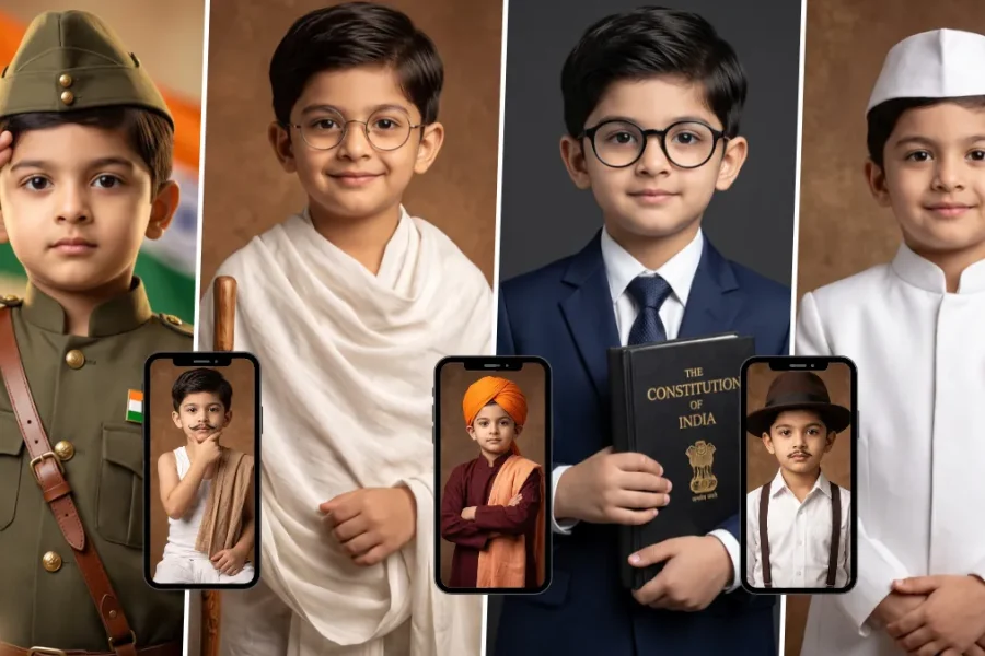 Indian boy in patriotic traditional and freedom fighter-inspired outfits with the Constitution of India
