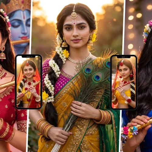AI-generated Radha Krishna inspired devotional portrait of a woman holding a flute in traditional Indian clothing