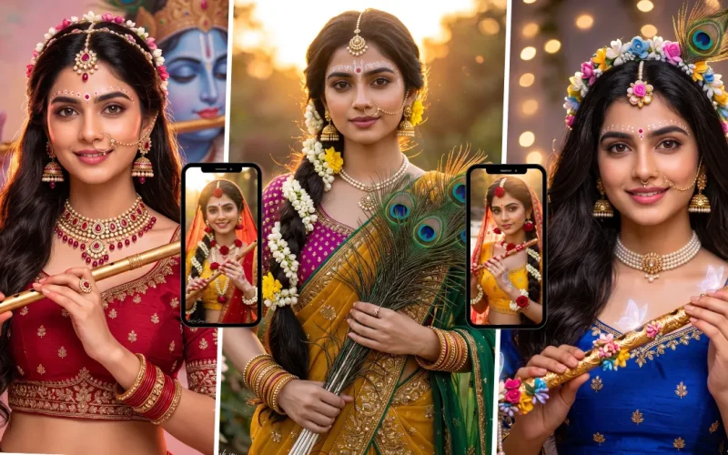 AI-generated Radha Krishna inspired devotional portrait of a woman holding a flute in traditional Indian clothing