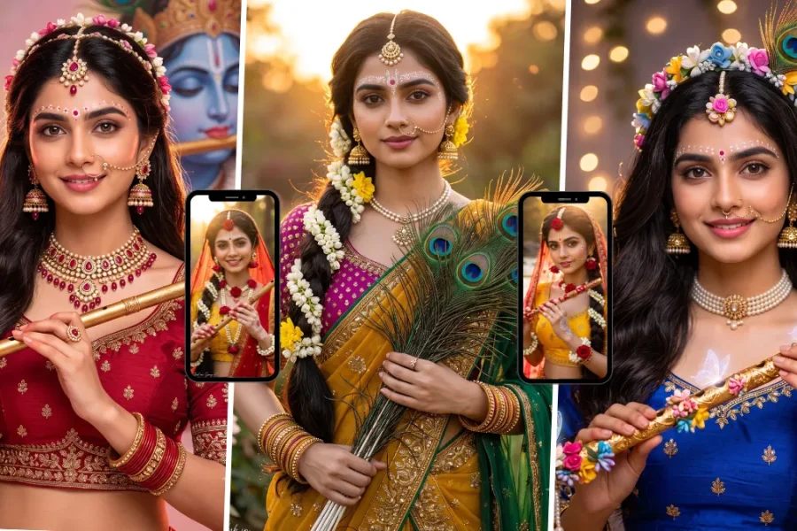 AI-generated Radha Krishna inspired devotional portrait of a woman holding a flute in traditional Indian clothing