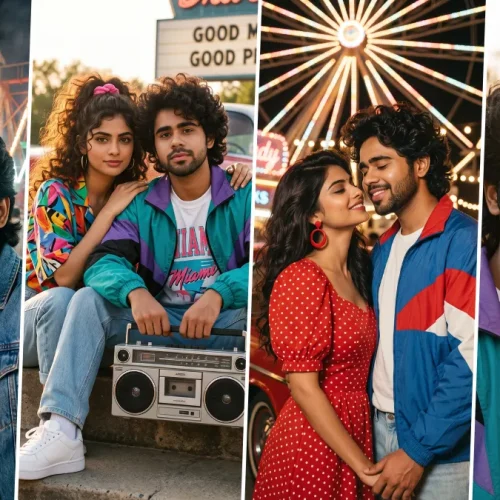 Young couple in colorful retro 80s and 90s fashion enjoying a romantic amusement park date
