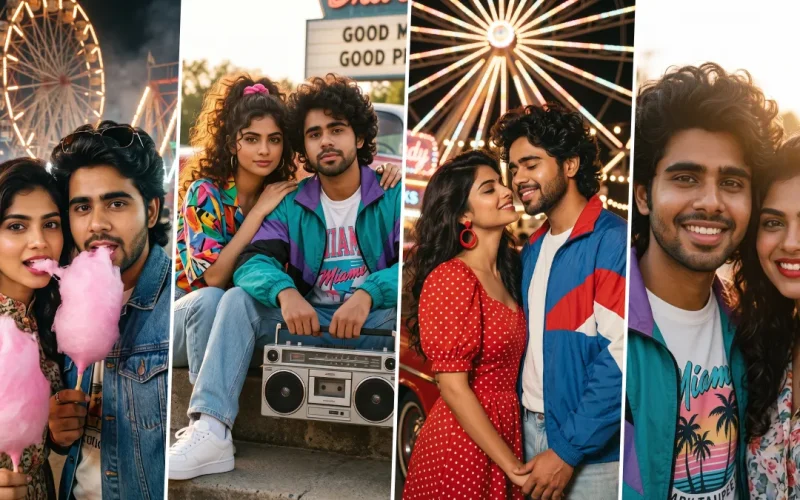 Young couple in colorful retro 80s and 90s fashion enjoying a romantic amusement park date