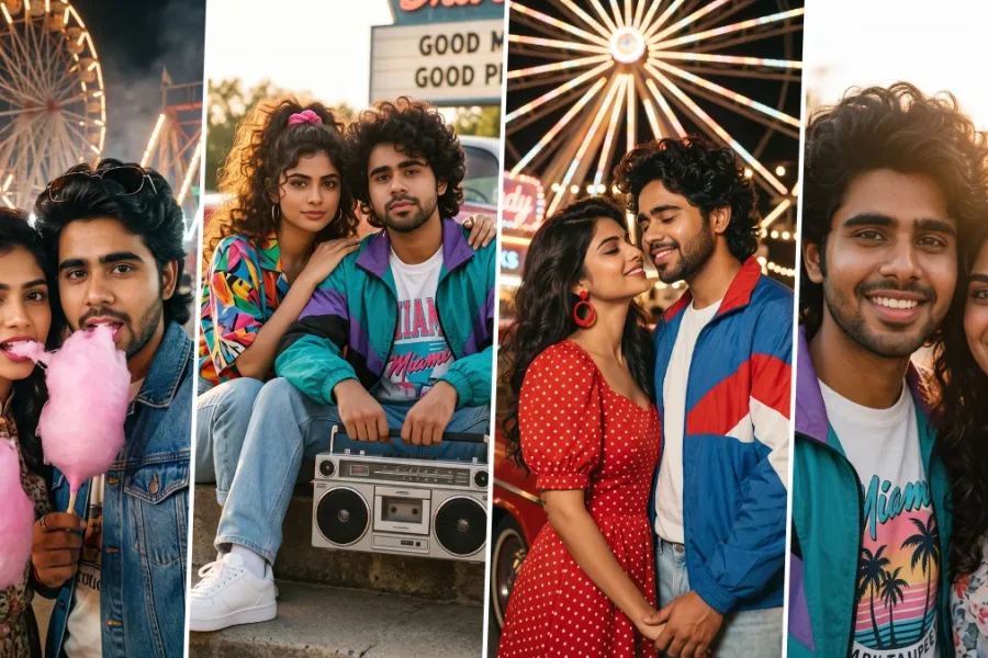 Young couple in colorful retro 80s and 90s fashion enjoying a romantic amusement park date