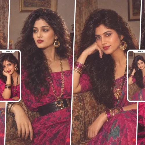 Retro Indian woman in a pink saree with traditional jewelry and vintage portrait styling