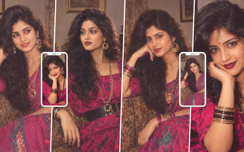 Retro Indian woman in a pink saree with traditional jewelry and vintage portrait styling
