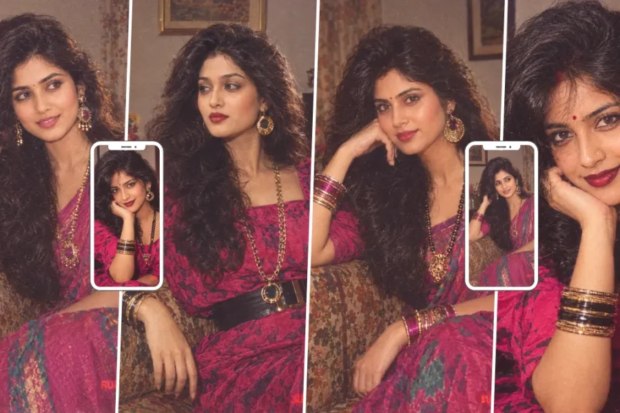 Retro Indian woman in a pink saree with traditional jewelry and vintage portrait styling