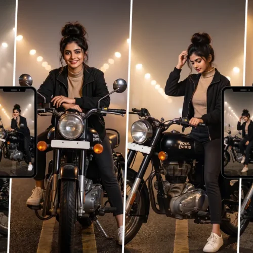 Woman posing with a Royal Enfield motorcycle at night created with a biker girl AI image prompt