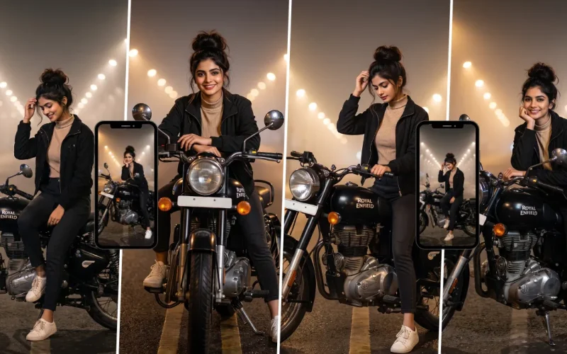 Woman posing with a Royal Enfield motorcycle at night created with a biker girl AI image prompt