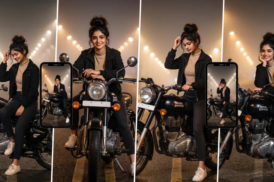 Woman posing with a Royal Enfield motorcycle at night created with a biker girl AI image prompt