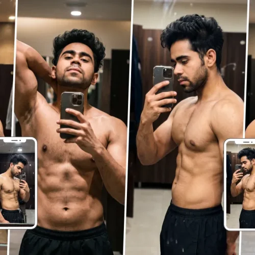 Muscular young man taking shirtless mirror selfies with defined abs and black shorts