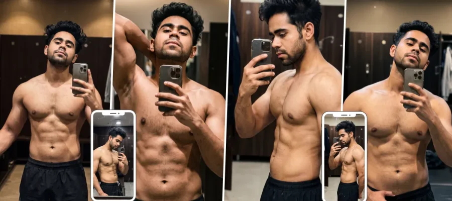 Muscular young man taking shirtless mirror selfies with defined abs and black shorts