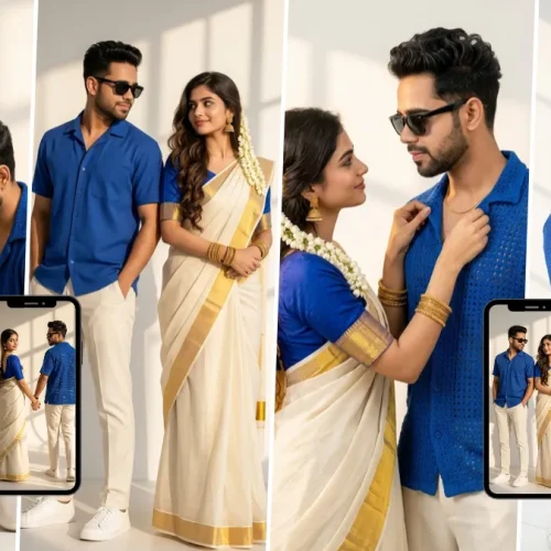 Romantic South Indian couple in a white-and-gold saree and blue shirt posing together