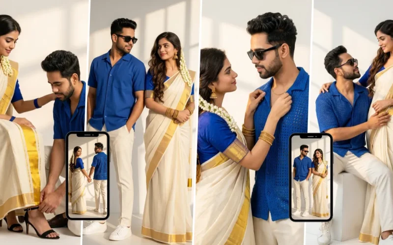 Romantic South Indian couple in a white-and-gold saree and blue shirt posing together