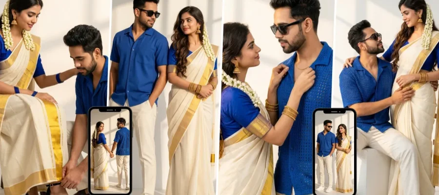 Romantic South Indian couple in a white-and-gold saree and blue shirt posing together