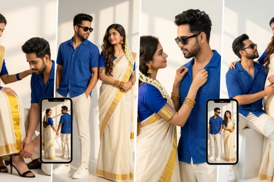 Romantic South Indian couple in a white-and-gold saree and blue shirt posing together