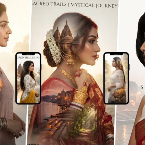 Indian woman in a cinematic spiritual travel portrait with Varanasi temple and Ganga ghat imagery