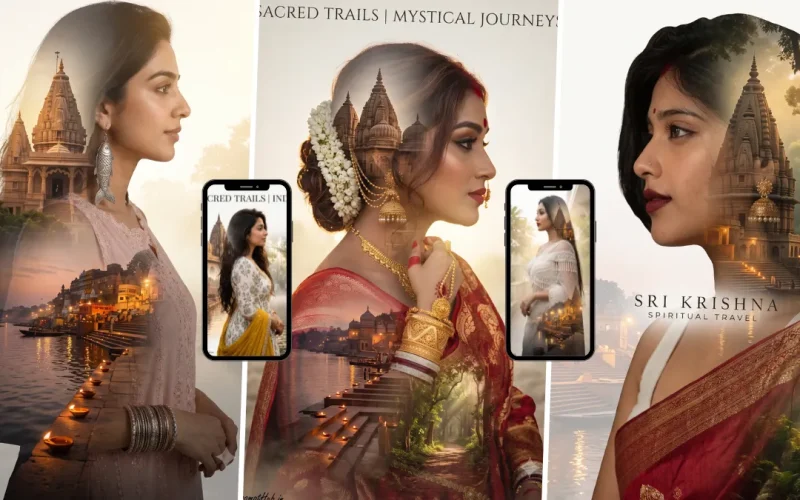 Indian woman in a cinematic spiritual travel portrait with Varanasi temple and Ganga ghat imagery