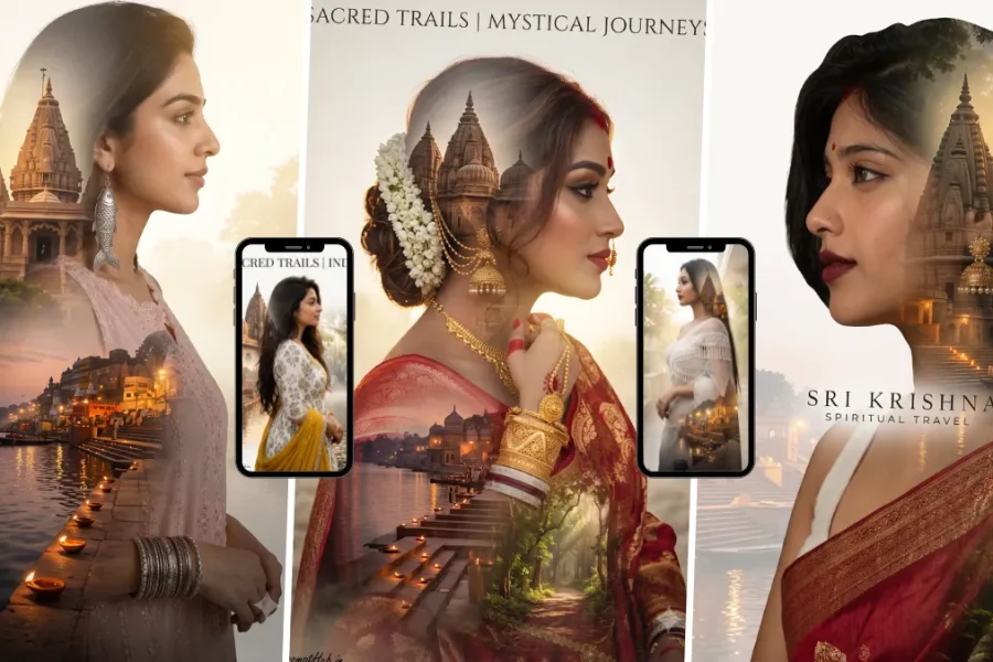 Indian woman in a cinematic spiritual travel portrait with Varanasi temple and Ganga ghat imagery