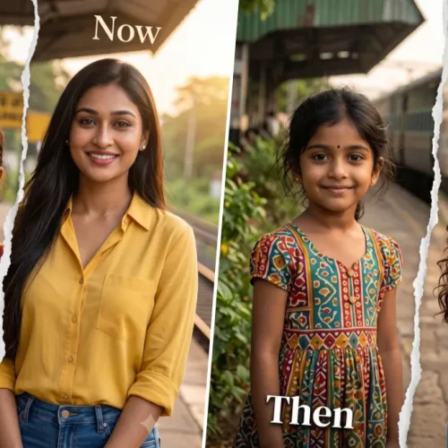 Then and now portrait showing an Indian girl as a child and the same woman as an adult