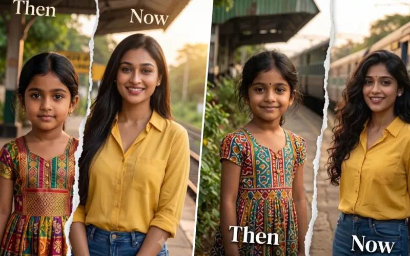 Then and now portrait showing an Indian girl as a child and the same woman as an adult