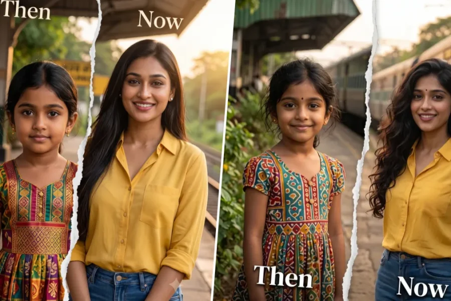 Then and now portrait showing an Indian girl as a child and the same woman as an adult
