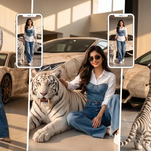 Stylish young woman posing with a white tiger beside luxury cars in a modern showroom