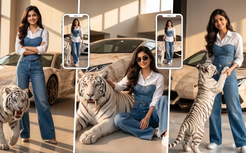 Stylish young woman posing with a white tiger beside luxury cars in a modern showroom