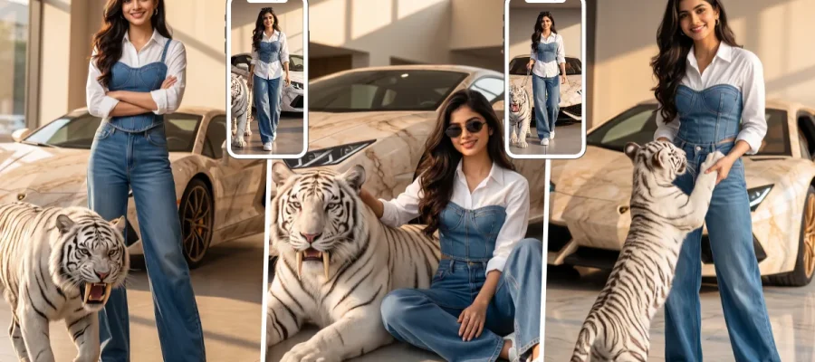 Stylish young woman posing with a white tiger beside luxury cars in a modern showroom