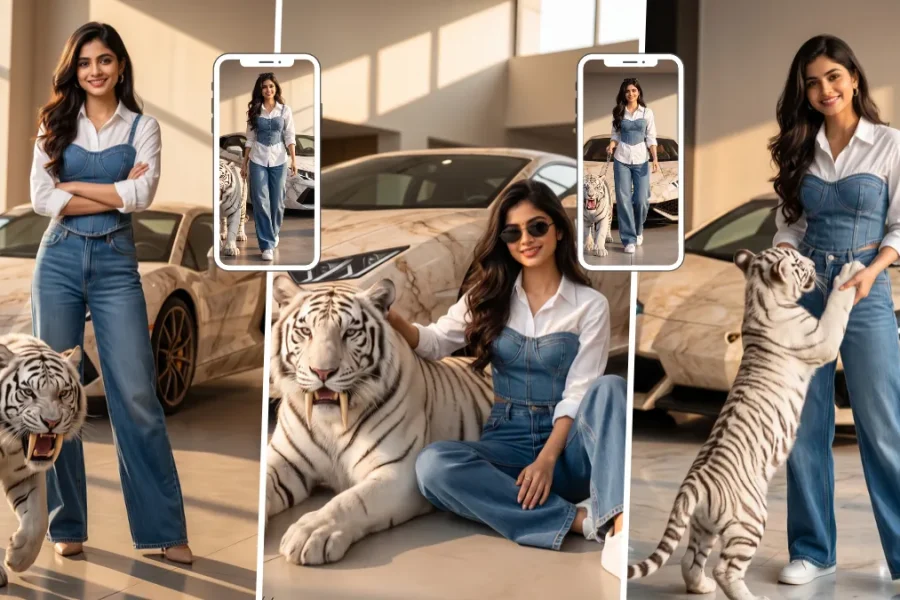 Stylish young woman posing with a white tiger beside luxury cars in a modern showroom