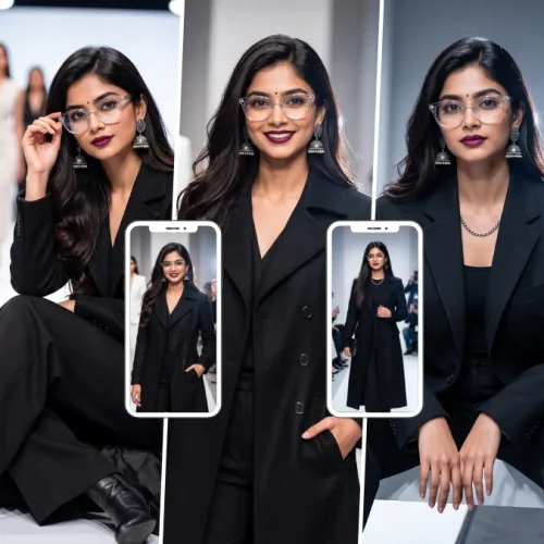 Stylish woman wearing a black suit and glasses walking on a luxury fashion runway