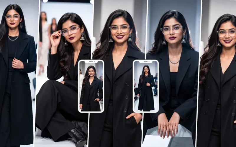 Stylish woman wearing a black suit and glasses walking on a luxury fashion runway