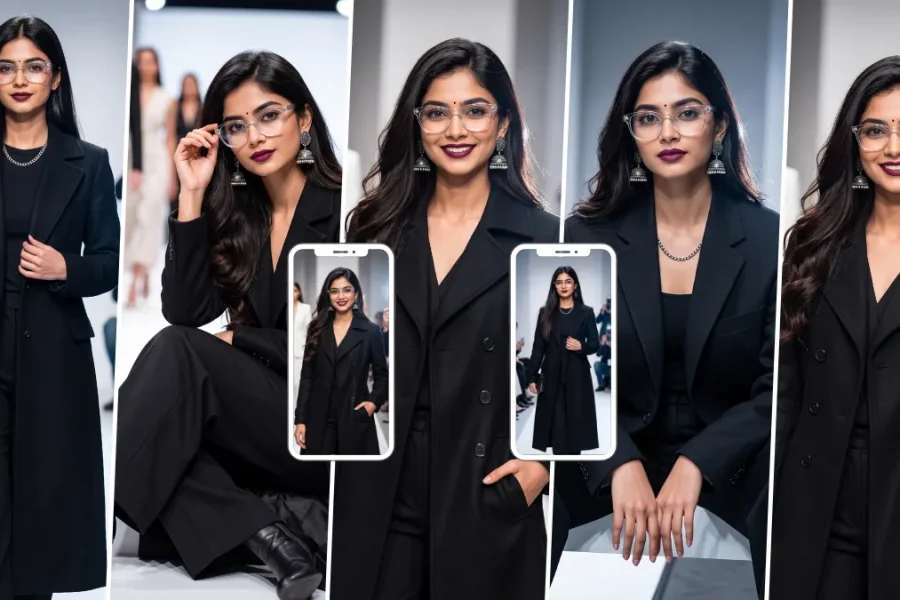 Stylish woman wearing a black suit and glasses walking on a luxury fashion runway